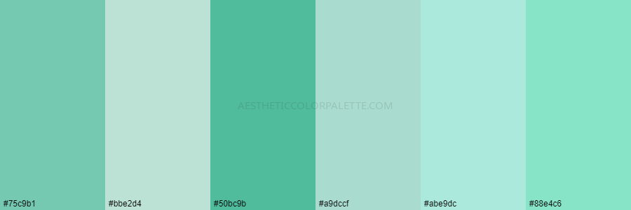 color palette #75c9b1 #bbe2d4 #50bc9b #a9dccf #abe9dc #88e4c6