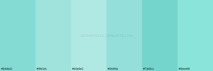 color palette #84dbd3 #9fe3dc #b0e8e3 #94dfda #74d5cc #8be4d9