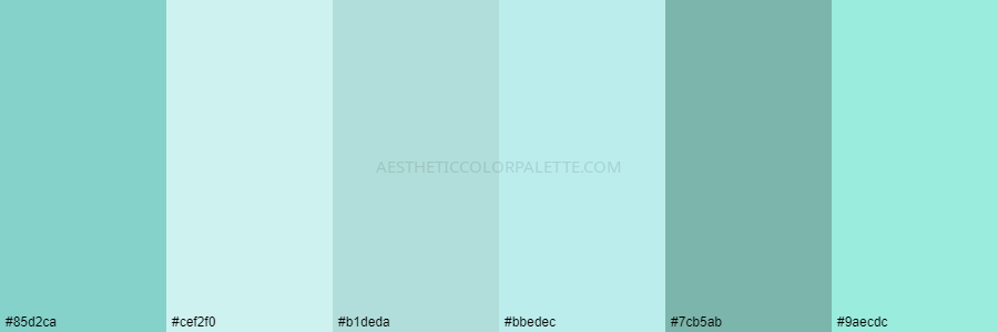 color palette #85d2ca #cef2f0 #b1deda #bbedec #7cb5ab #9aecdc