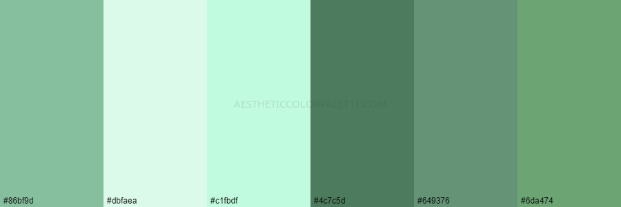 color palette #86bf9d #dbfaea #c1fbdf #4c7c5d #649376 #6da474