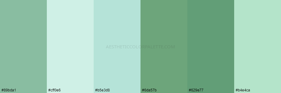 color palette #89bda1 #cff0e6 #b5e3d8 #6da57b #629e77 #b4e4ca
