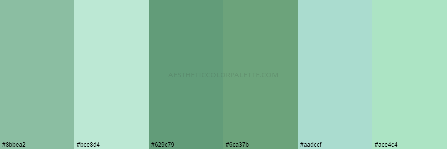 color palette #8bbea2 #bce8d4 #629c79 #6ca37b #aadccf #ace4c4