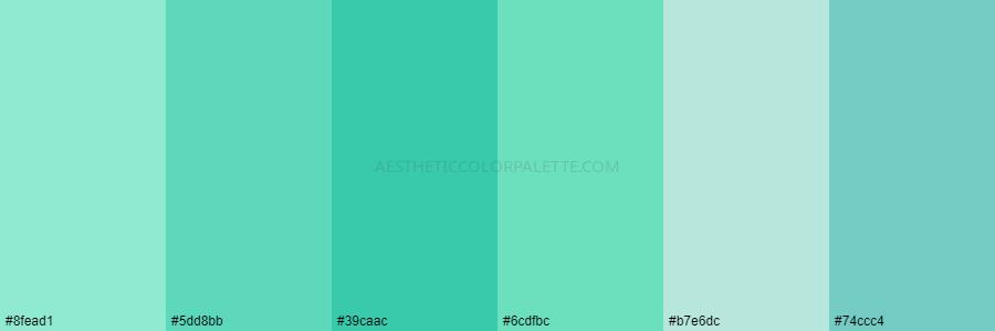 color palette #8fead1 #5dd8bb #39caac #6cdfbc #b7e6dc #74ccc4