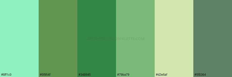 color palette #8ff1c0 #5f954f #348645 #79ba79 #d2e6af #5f8364