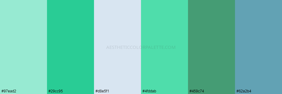 color palette #97ead2 #29cc95 #d8e5f1 #4fddab #459c74 #62a2b4