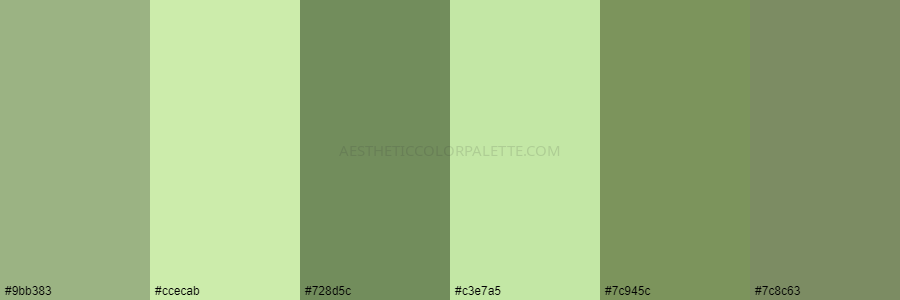 color palette #9bb383 #ccecab #728d5c #c3e7a5 #7c945c #7c8c63