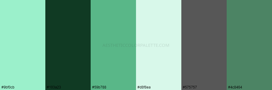 color palette #9bf0cb #103a23 #59b788 #d8f8ea #575757 #4c8464