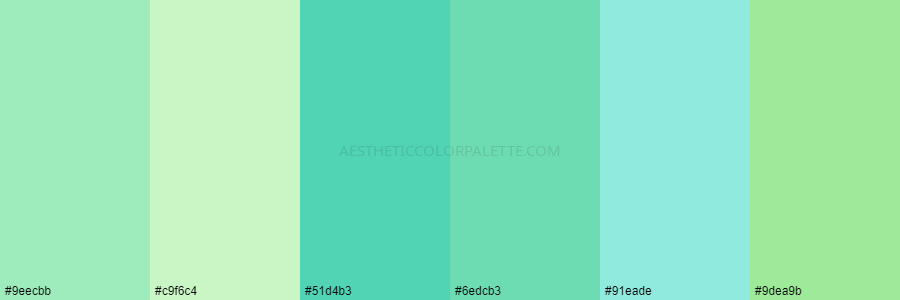 color palette #9eecbb #c9f6c4 #51d4b3 #6edcb3 #91eade #9dea9b