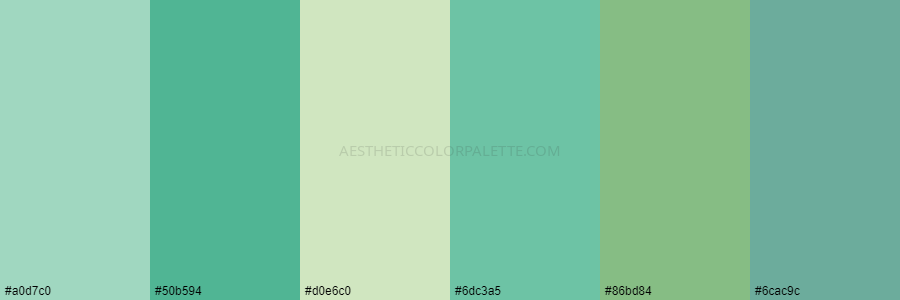 color palette #a0d7c0 #50b594 #d0e6c0 #6dc3a5 #86bd84 #6cac9c