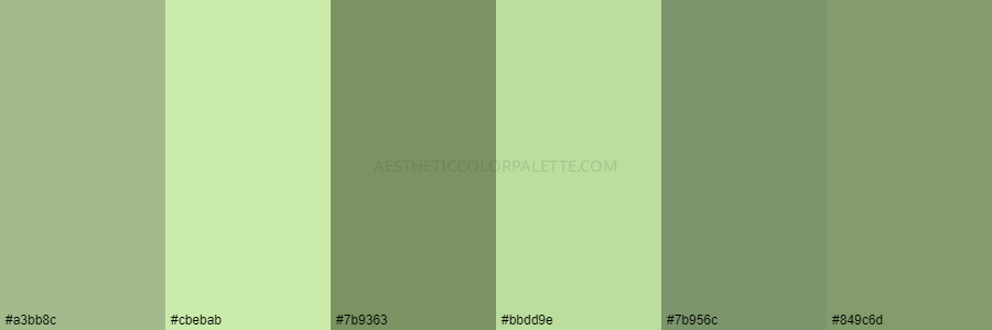 color palette #a3bb8c #cbebab #7b9363 #bbdd9e #7b956c #849c6d