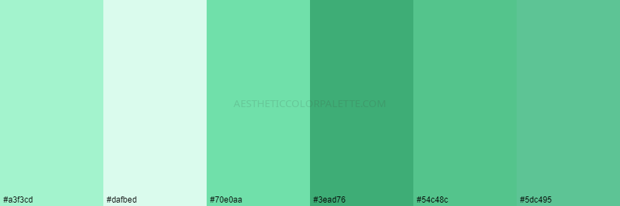 color palette #a3f3cd #dafbed #70e0aa #3ead76 #54c48c #5dc495