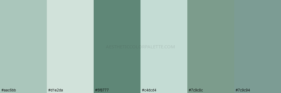 color palette #aac6bb #d1e2da #5f8777 #c4dcd4 #7c9c8c #7c9c94